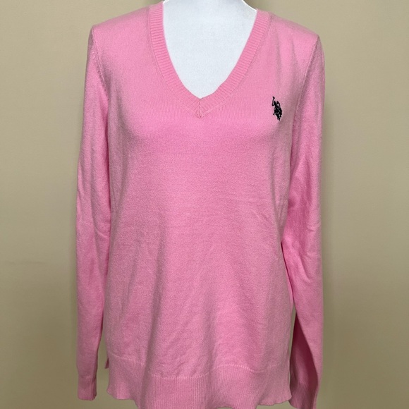 U.S. Polo Assn. Sweaters - U.S. Polo Assn. Pink V-Neck Sweater Logo rayon polyester nylon woman’s large